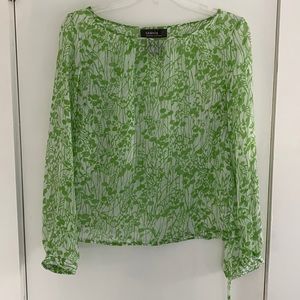 George White/Green Print Sheer Wide Neck Top